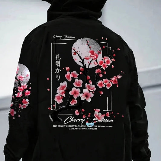 Sudadera con capucha para hombre con forro de estampado de flores de cerezo