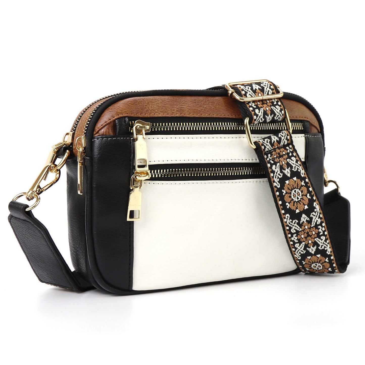 Women's Triple-Zipper Crossbody Bag with Floral Embroidered Strap