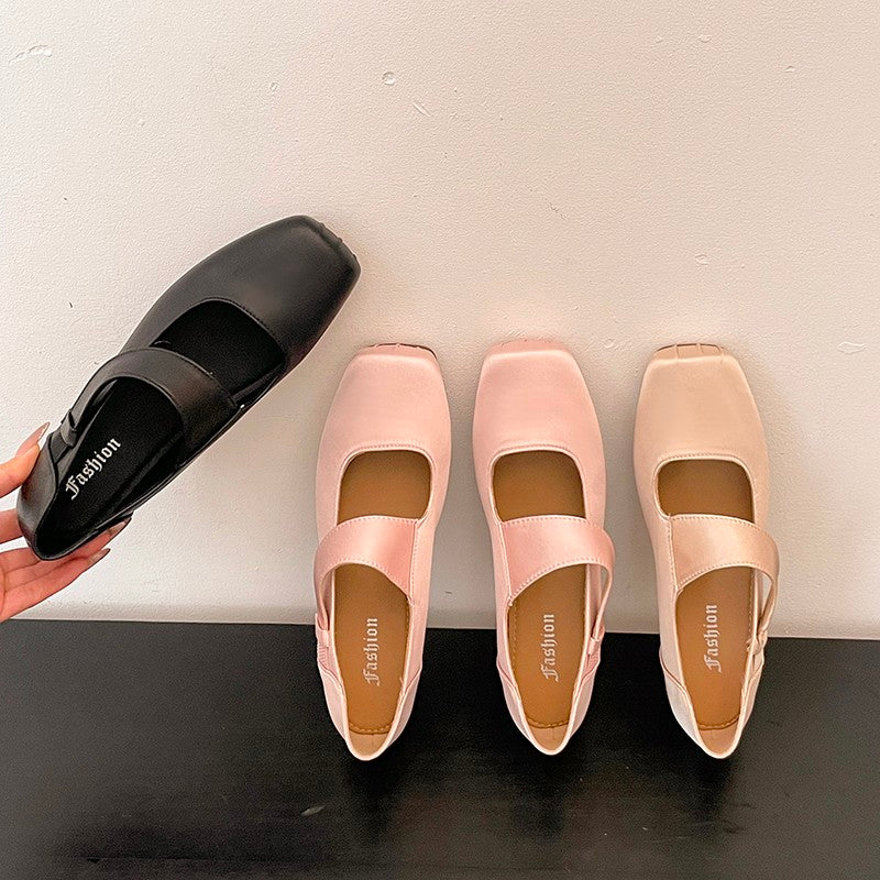Women French Minimalist Single Strap Square Toe Mary Jane Flats, Adjustable Buckle Shiny Satin Soft Matte Leather Slip On Gentle Casual Daily Doll Loafer Shoes
