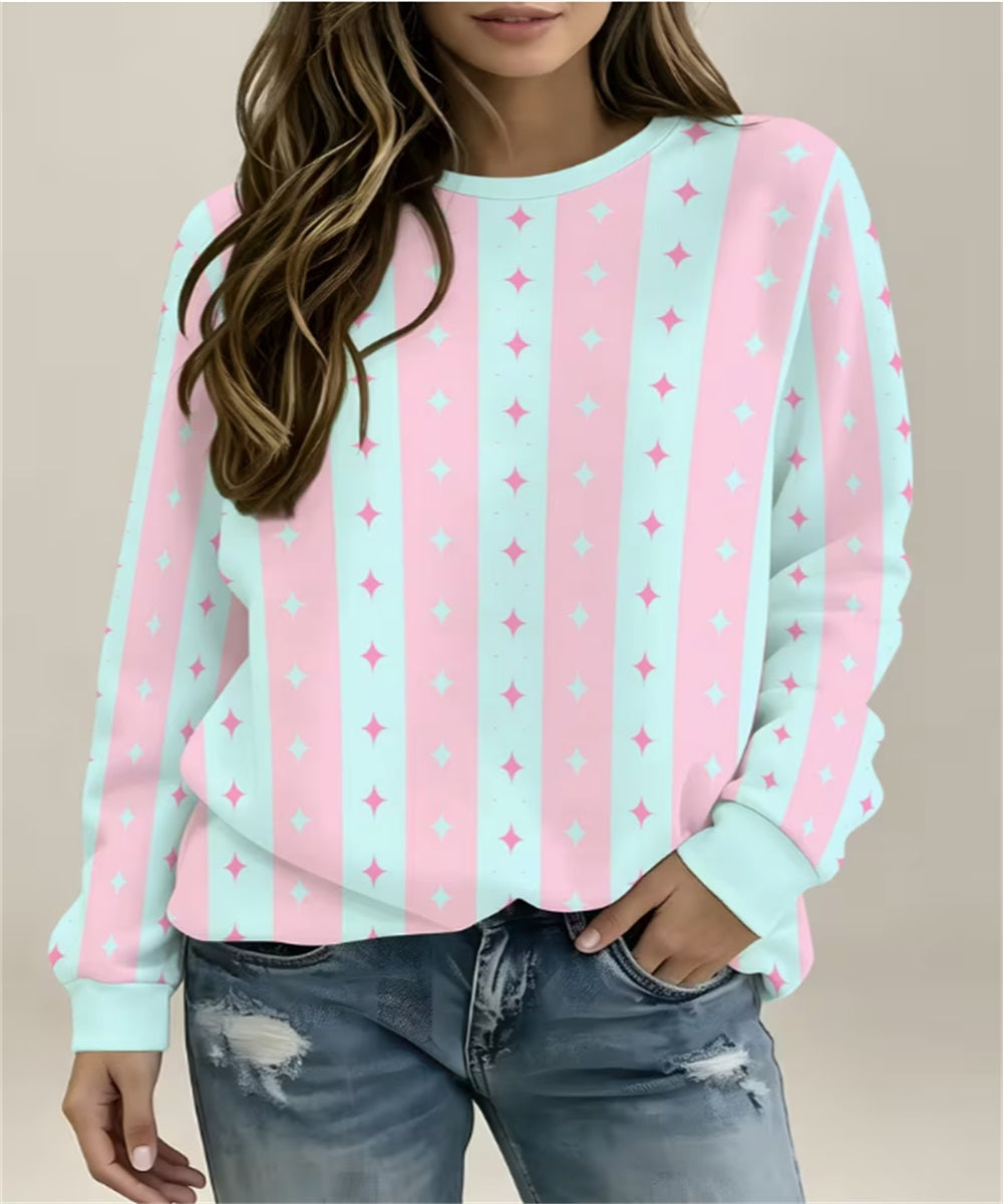 Women's Purple Mint Vertical Stripe & Star Print Crew Neck Sweatshirt, Long Sleeve Casual Pullover Top