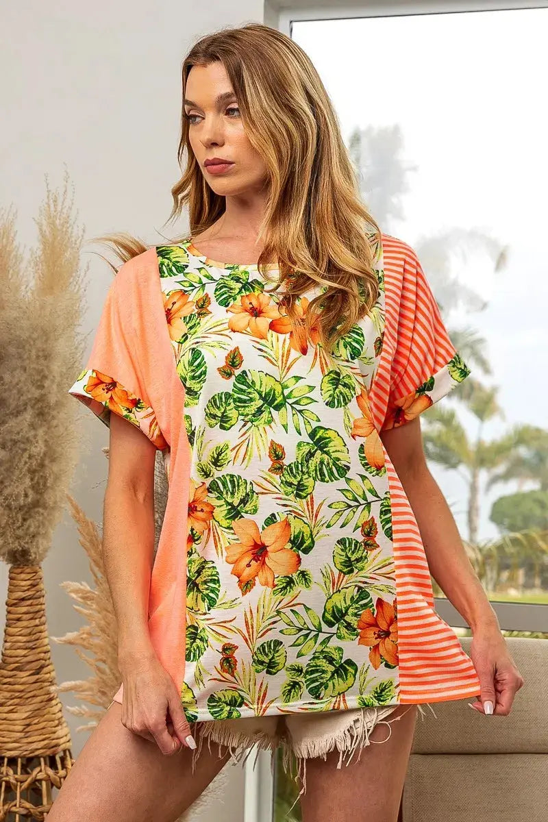 Women's T-Shirt Women's Tee - Floral Stripe Color Block - Casual Style