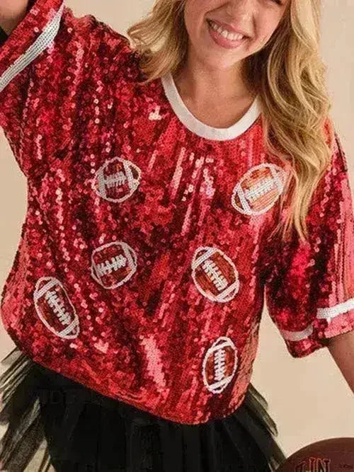 Sequin Football Top - Sparkling Half-Sleeve Blouse | Femstylo