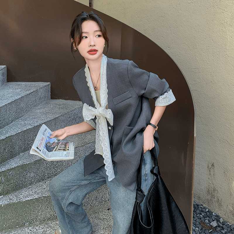 Lace-Panel Gray Casual Blazer