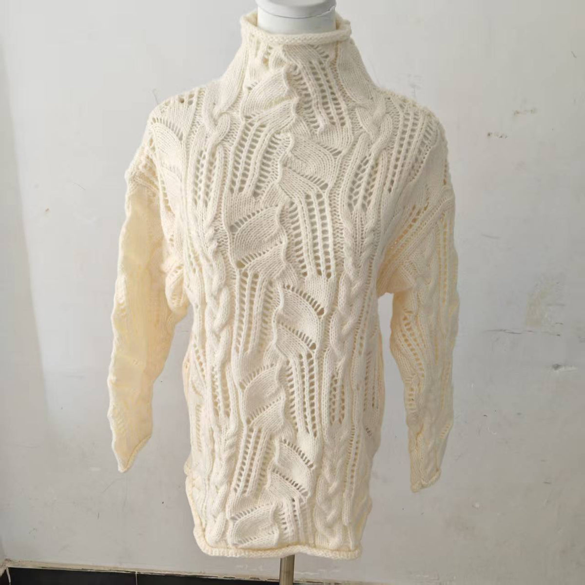 Women's Turtleneck Hollow Cable Knit Sweater, 2026 Fall Winter Loose Long Sleeve Pullover, Solid Color Knit Base Top