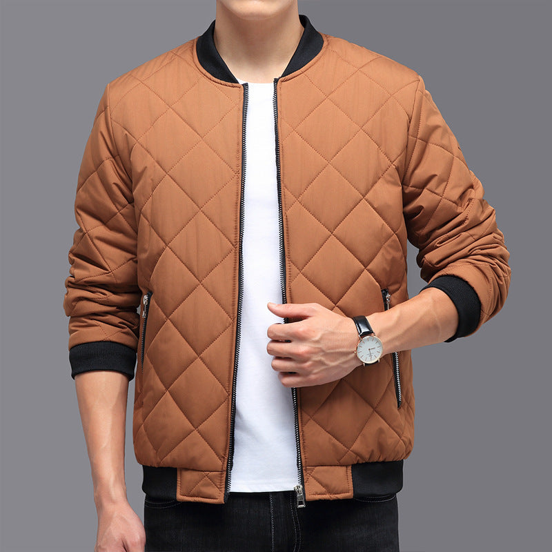Abrigo de algodón con diseño de costura rómbica, chaqueta de béisbol de invierno cálida y gruesa, ropa de abrigo informal de color sólido para hombres