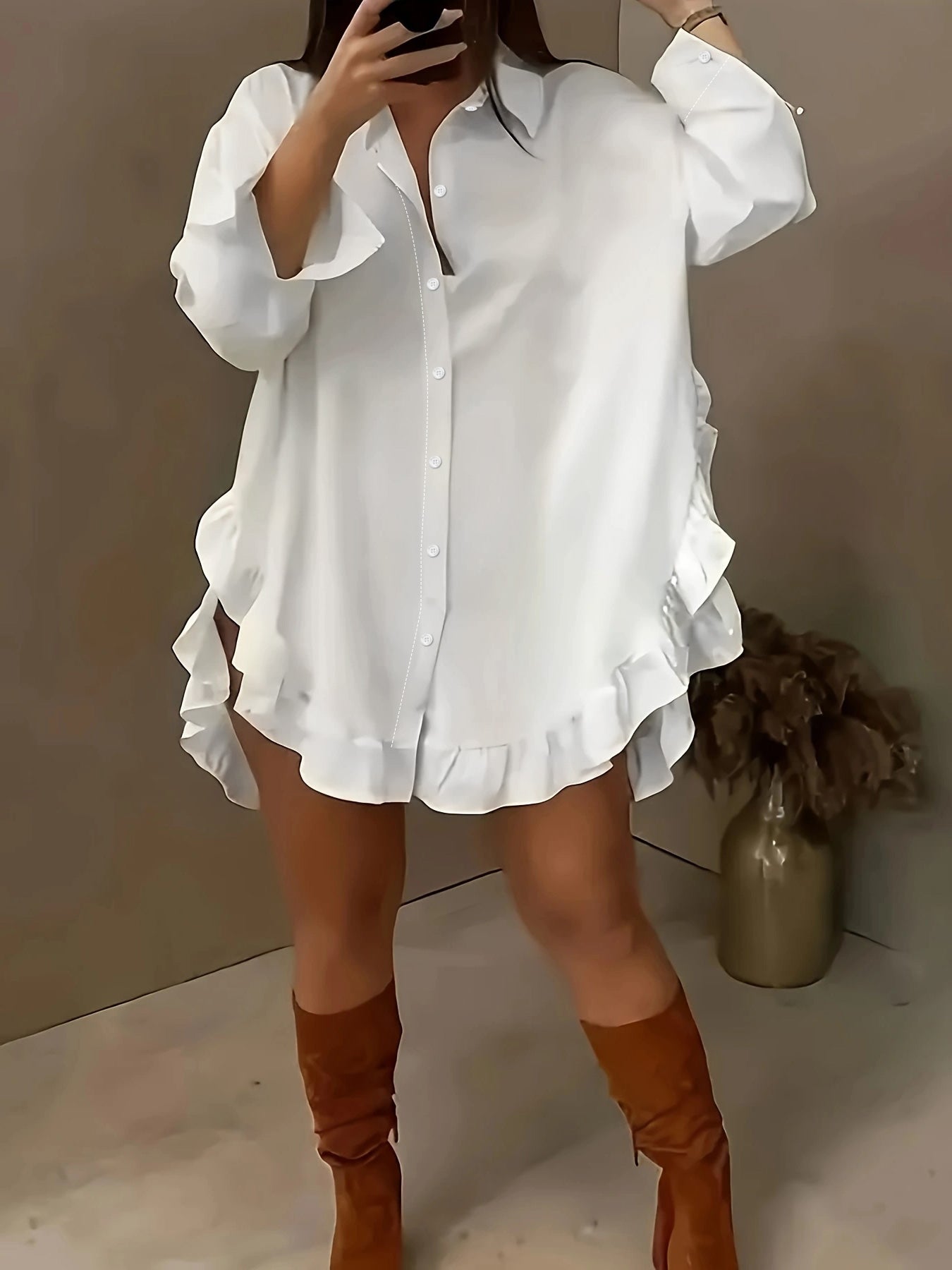 Hem Ruffled Casual Long Sleeve Shirt See size chart under “more details”