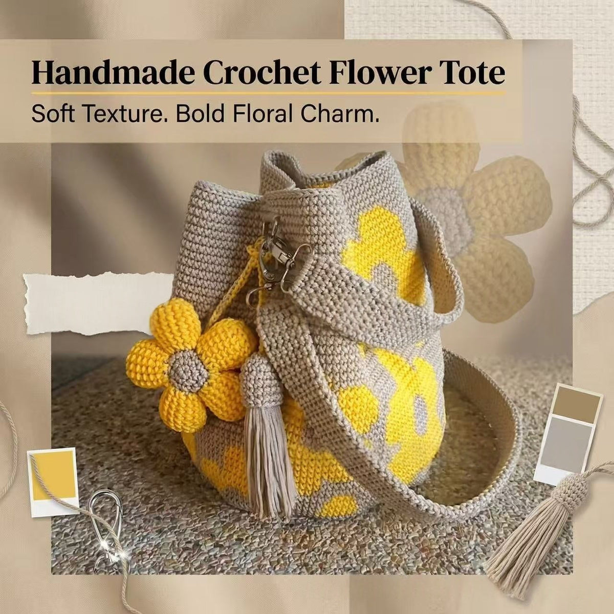 Women's Hand-Crocheted Flower Tote Bag Handbag