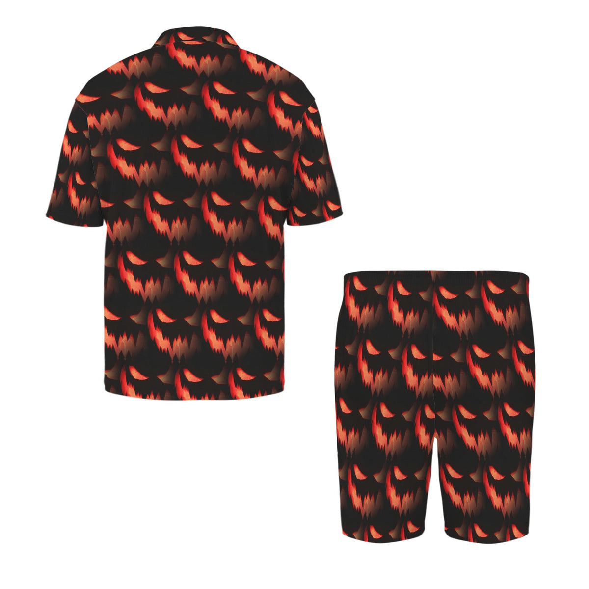 Orange Spooky Face Pattern Men's V-Neck Short Pajama Set
