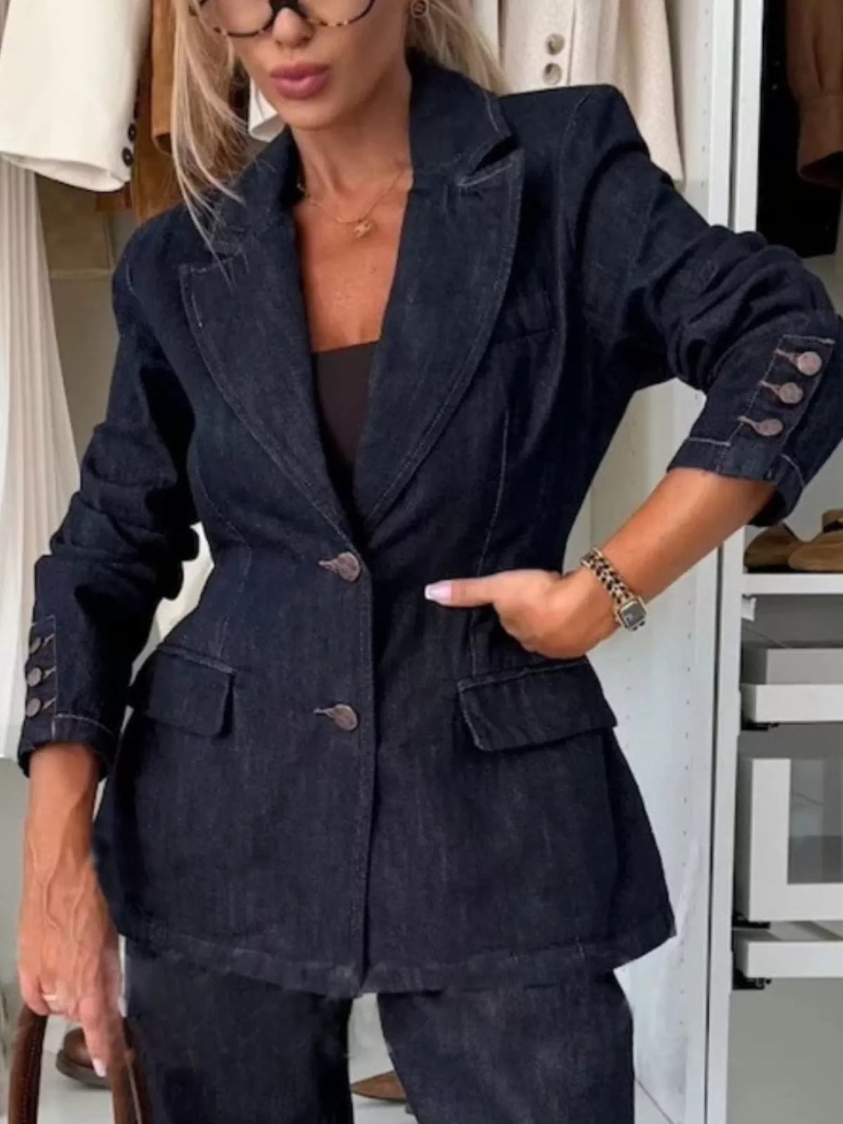 Single-Breasted Washed Denim Blazer