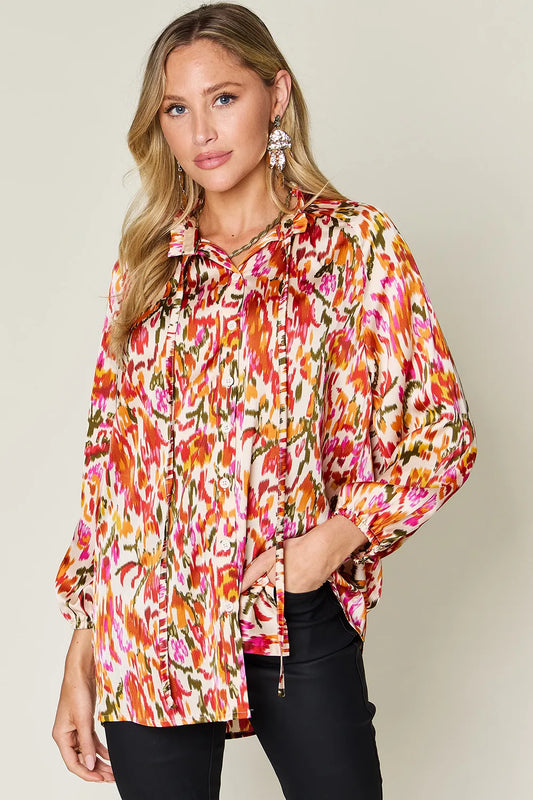 Camisa abotonada de manga larga estampada Full Size Double Take