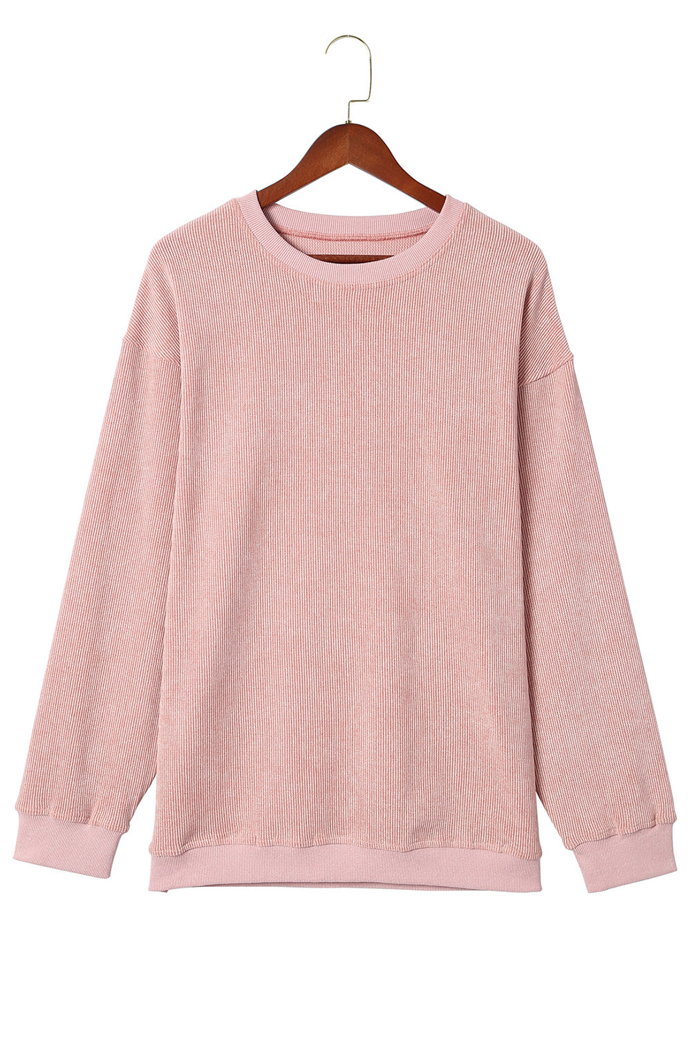 Sudadera Rosa Sólida de Punto Acanalado y Cuello Redondo
