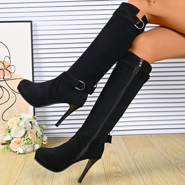 New Arrival HighHeel Suede Midcalf Boots, Belt Buckle Foreign Trade PlusSize Stiletto RoundToe KneeHigh Boots For Women