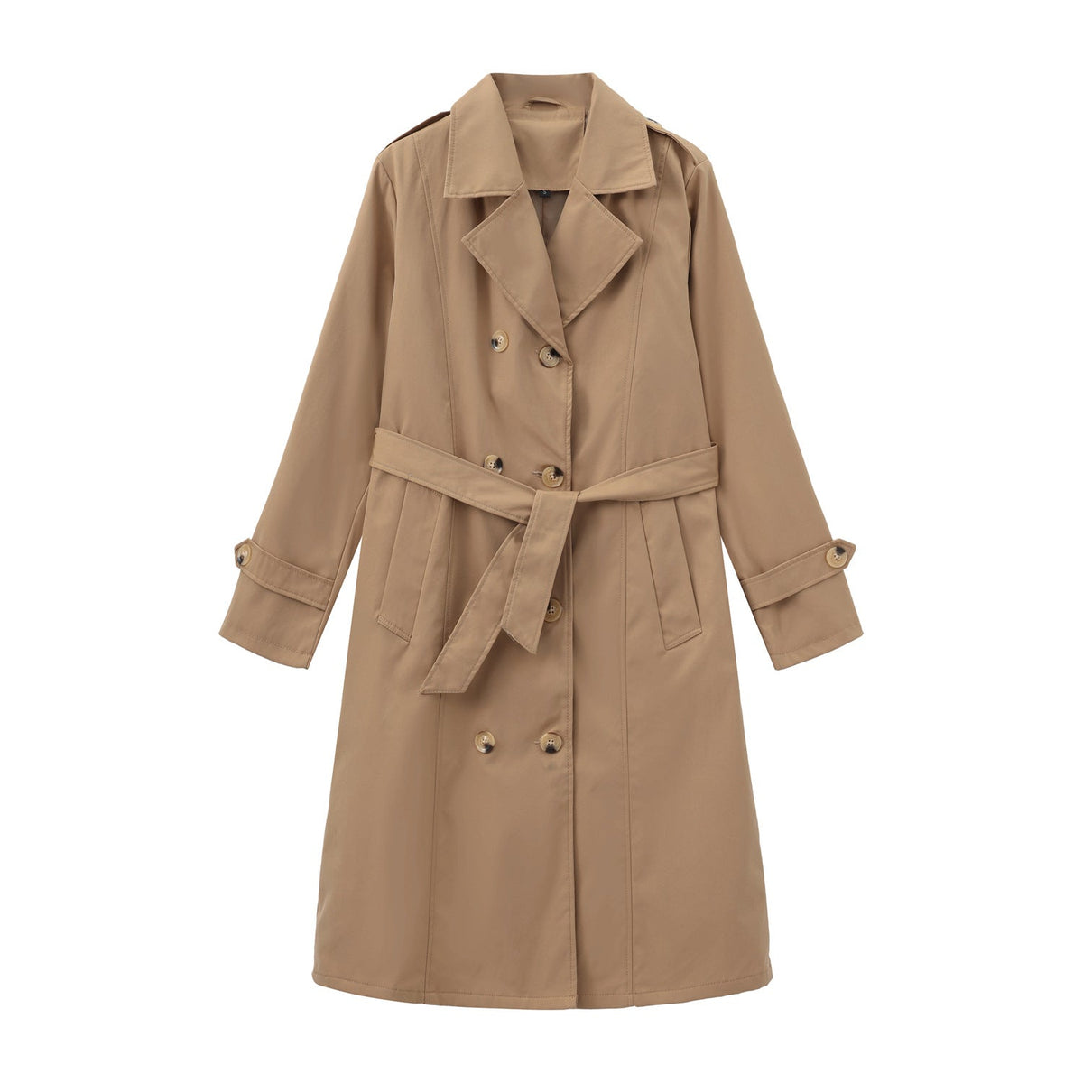 Casual Waist Cinching Trench Coat For Fall Winter, Elegant Long Women Outerwear With Double Breasted Design, Model