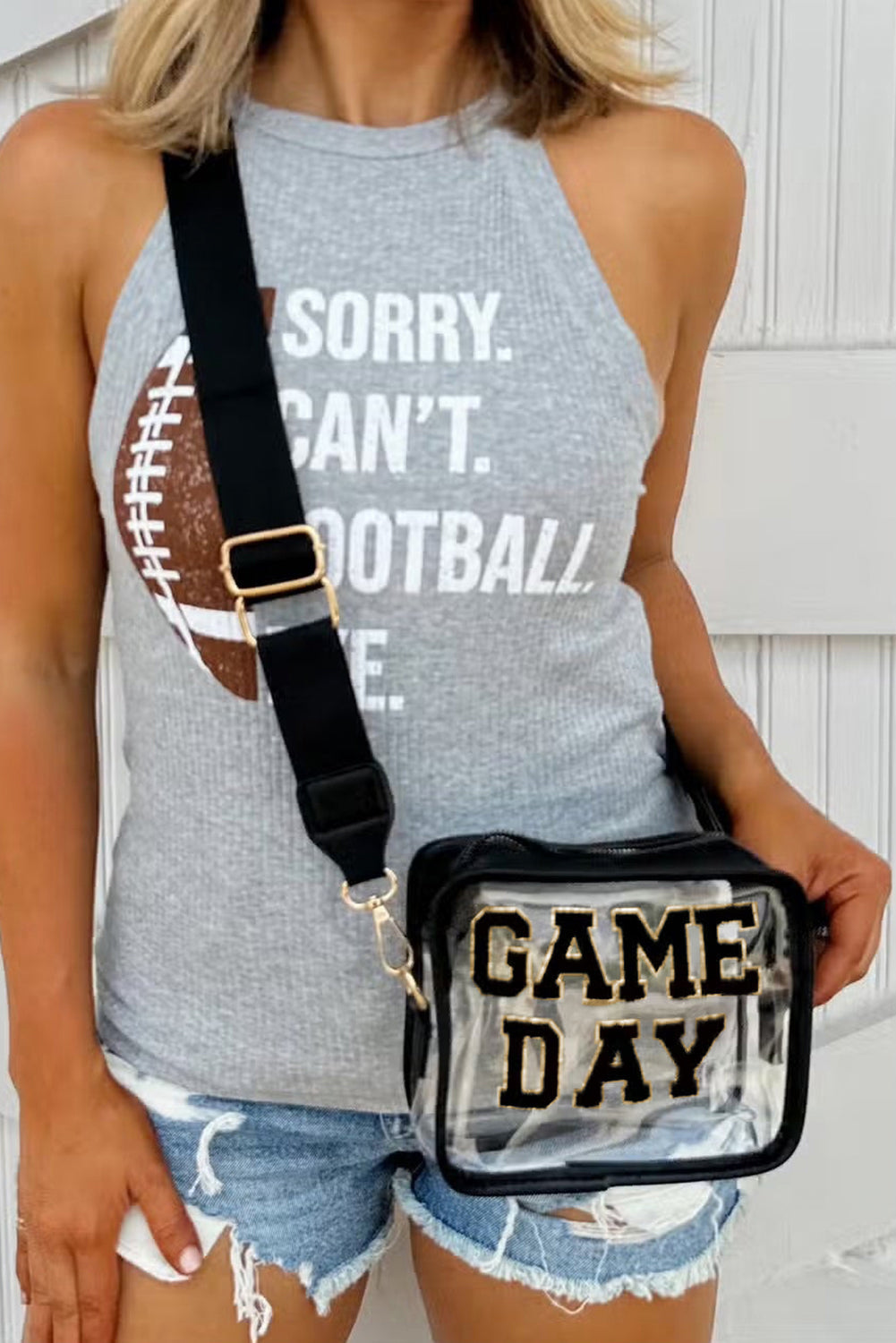 Bolso Transparente Negro de Chenilla con Patrón GAME DAY