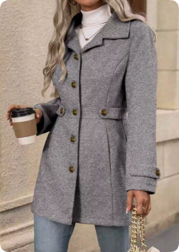 Abrigo de lana elegante para mujer - Abrigo de invierno de corte entallado de longitud media con solapa