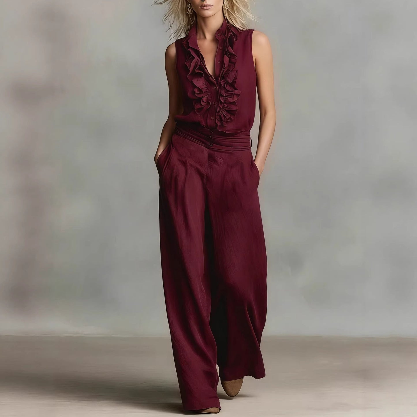 Conjunto de dos piezas de lino para mujer – Camisa sin mangas y pantalones de pernera ancha