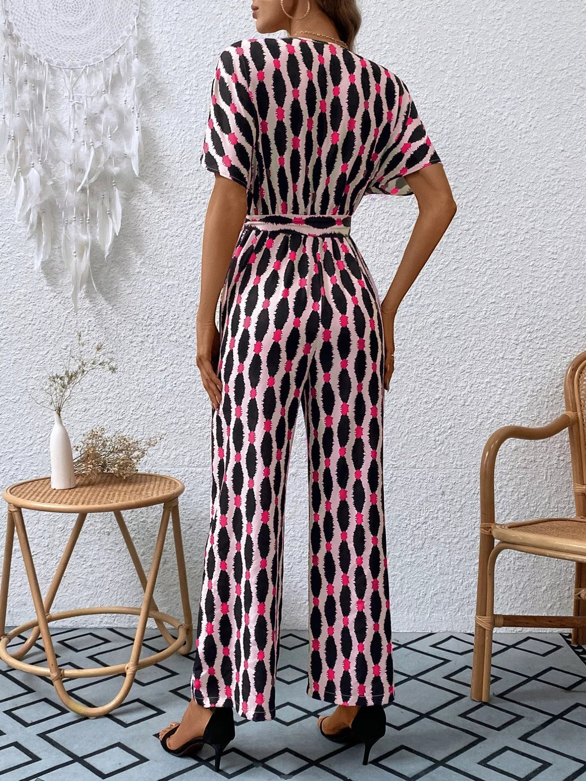 Printed Surplice Tie Waist Short Sleeve Jumpsuit