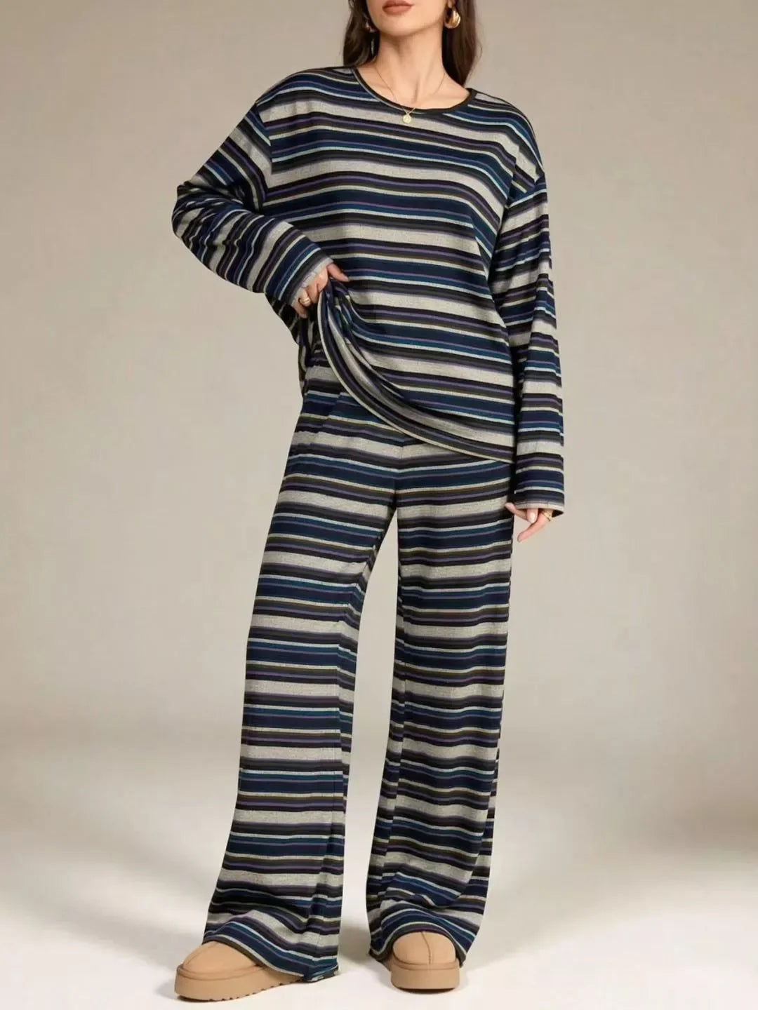 Striped Long-Sleeve Top and Wide-Leg Pants Set