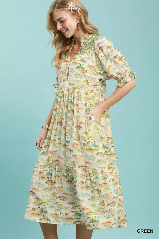 Umgee Print Tiered Midi Dress in Green