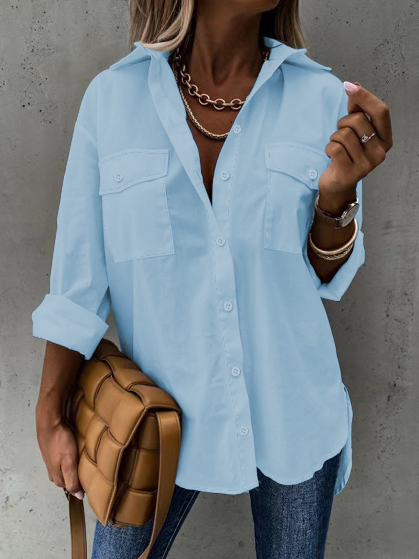 Camisa de manga larga informal para mujer con bolsillo