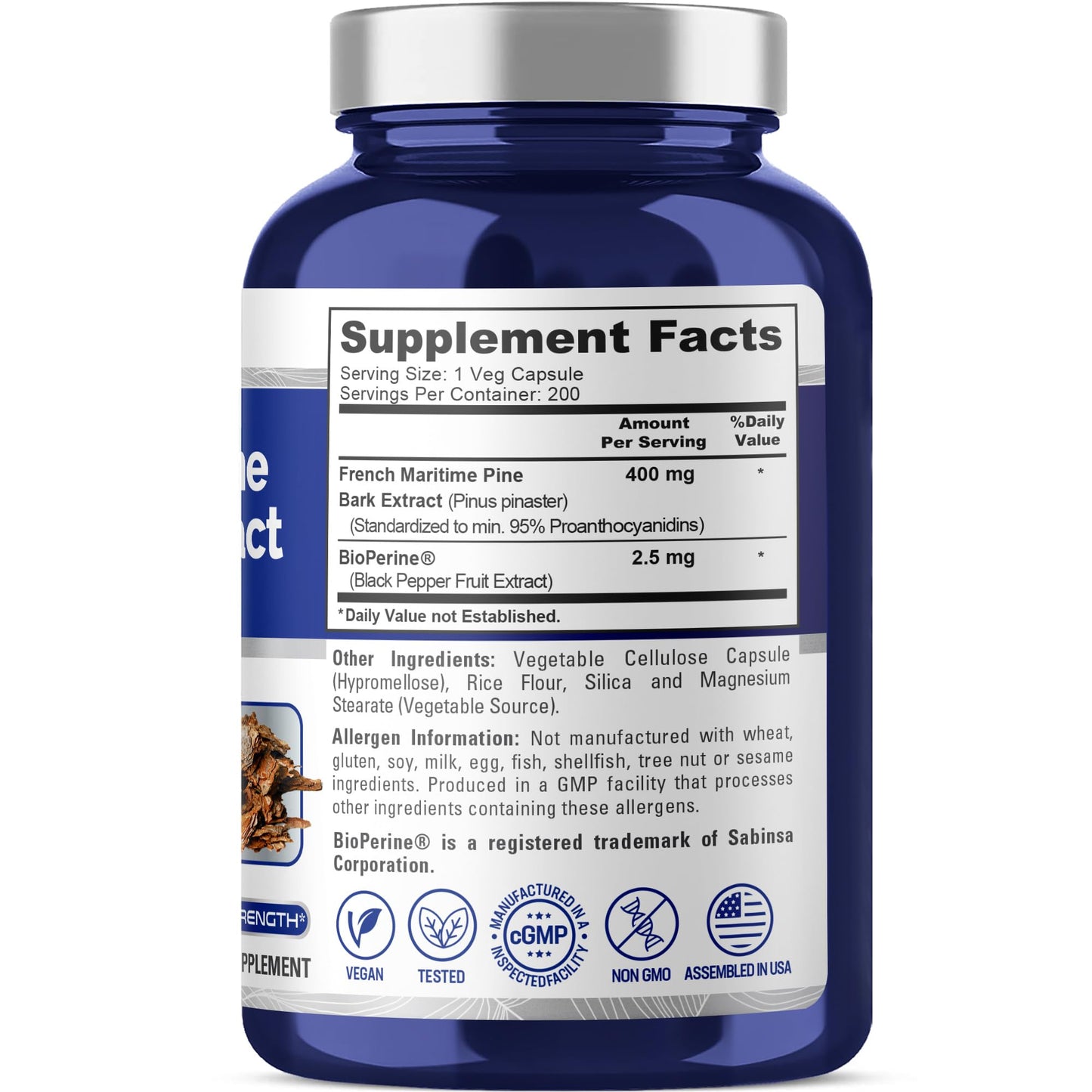 NusaPure French Maritime Pine Bark Extract 400mg per Veggie Caps 200-Day Supply Bioperine Non-GMO Vegan