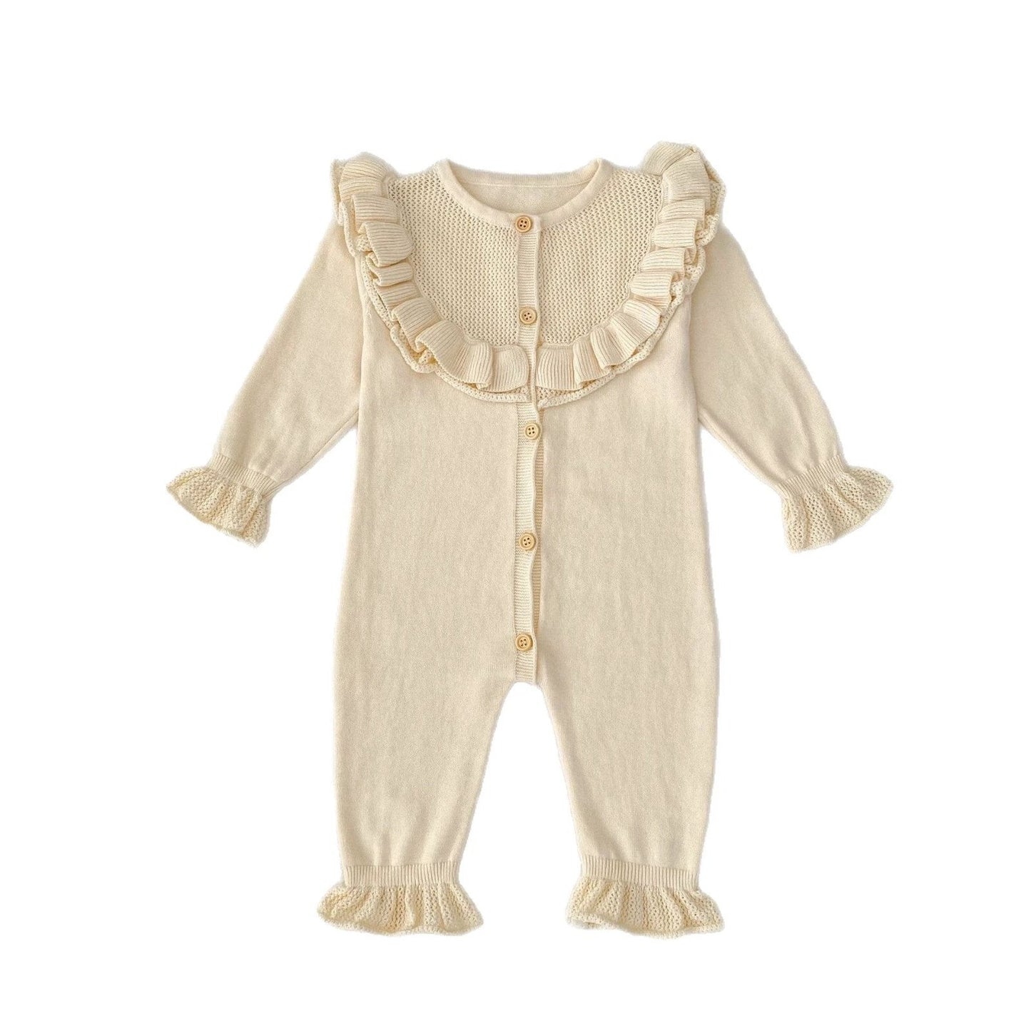 Baby Girl Round Neck Ruffled Stitching Long Climbing Fashionable Stylish Solid Color Jumpsuit