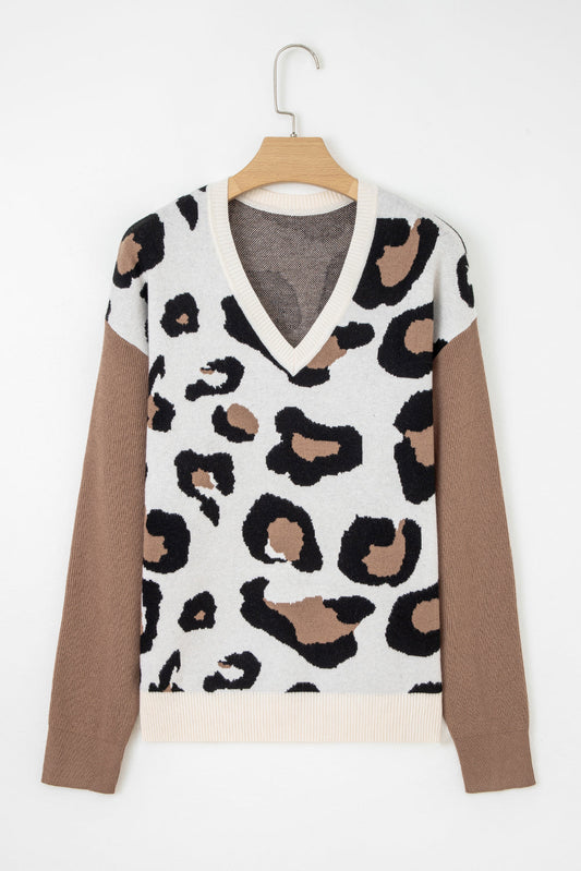 Suéter Jet Stream de punto con estampado de leopardo, bloques de color y mangas patchwork con cuello de pico