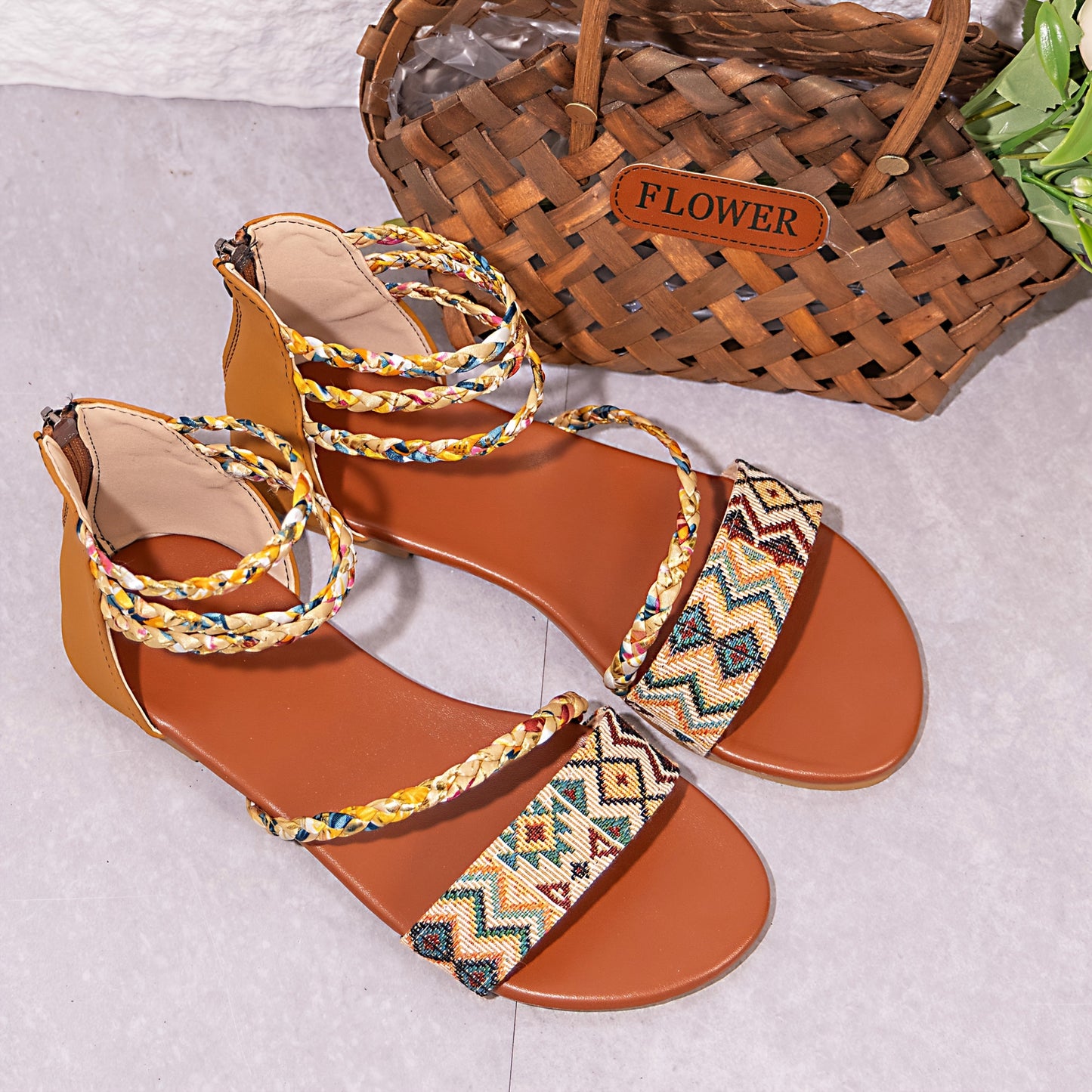 Sandalias Romanas Bohemias para Mujer - Zapatos Planos de Punta Abierta con Cremallera Trasera