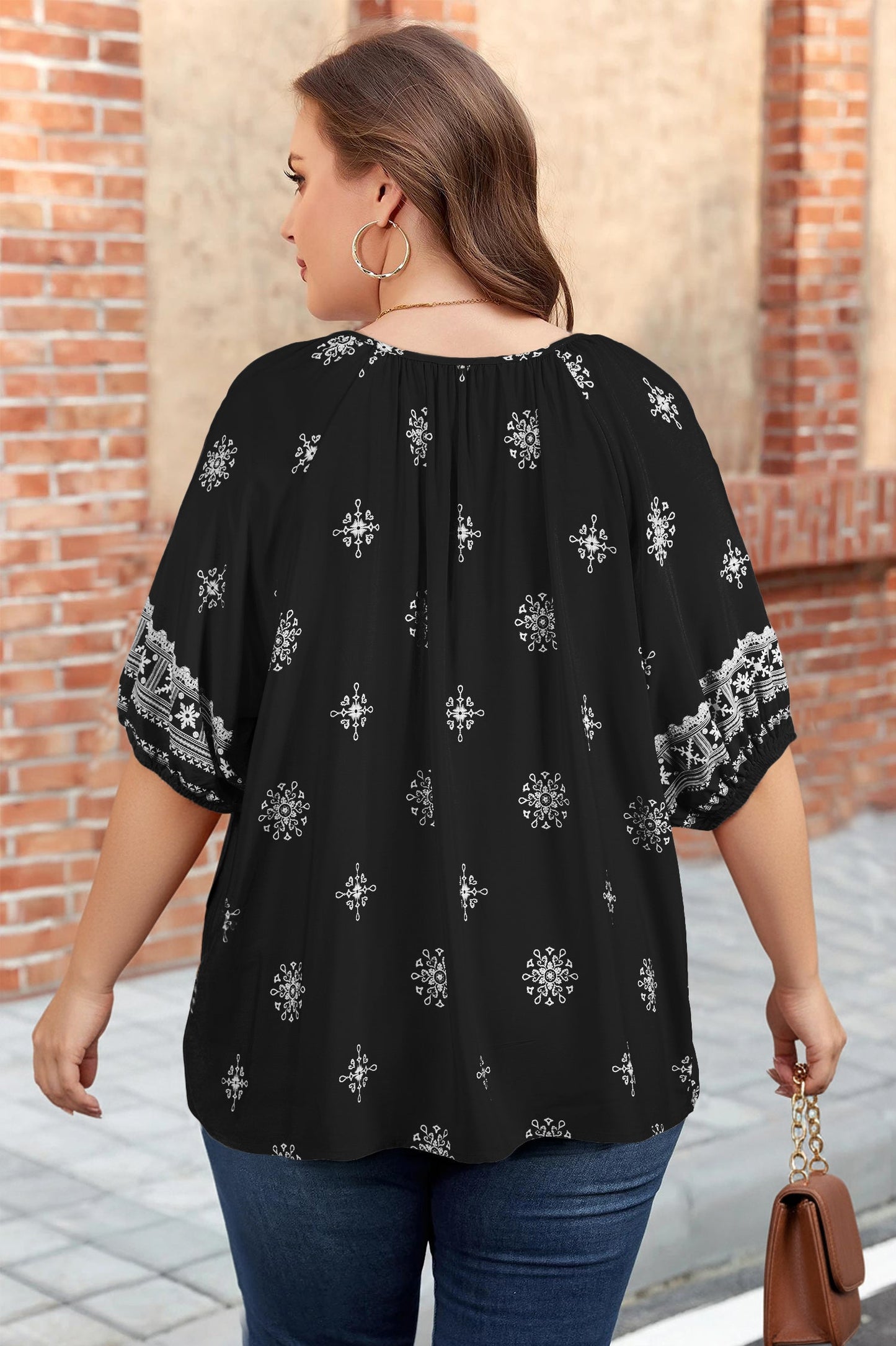 Yellow Boho Chic Notched V Neck Plus Floral Short Sleeve Top