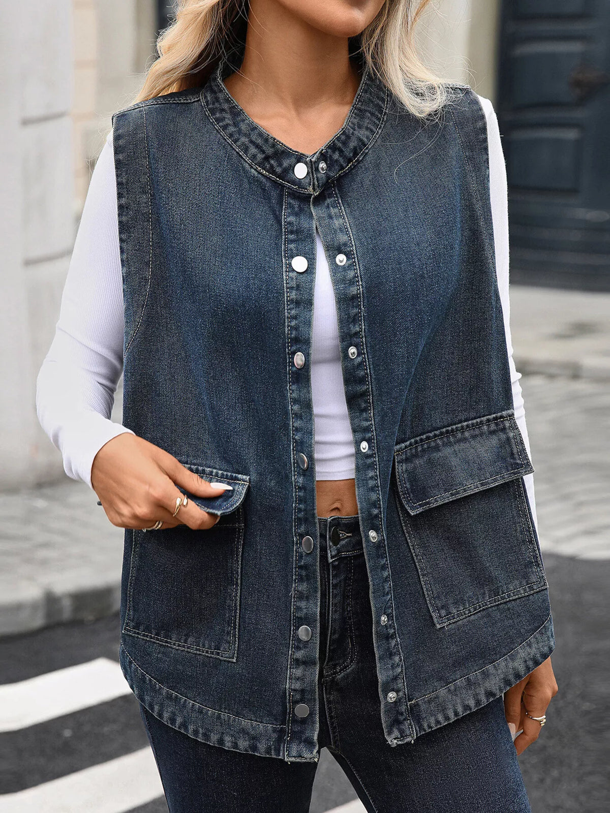 Snap Down Sleeveless Denim Jacket