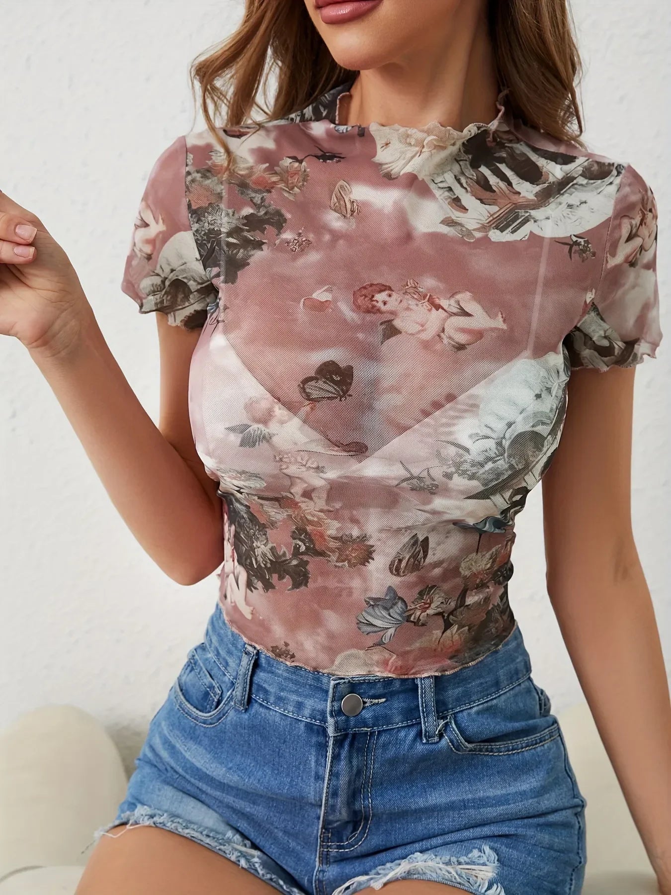 Abstract Print Ruffled Mock Neck Crop T-Shirt | Trendy Streetwear – Bona Fide Fashion