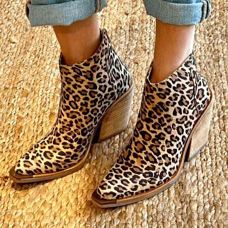 Women's Leopard Pointed Ankle High-Top Boots