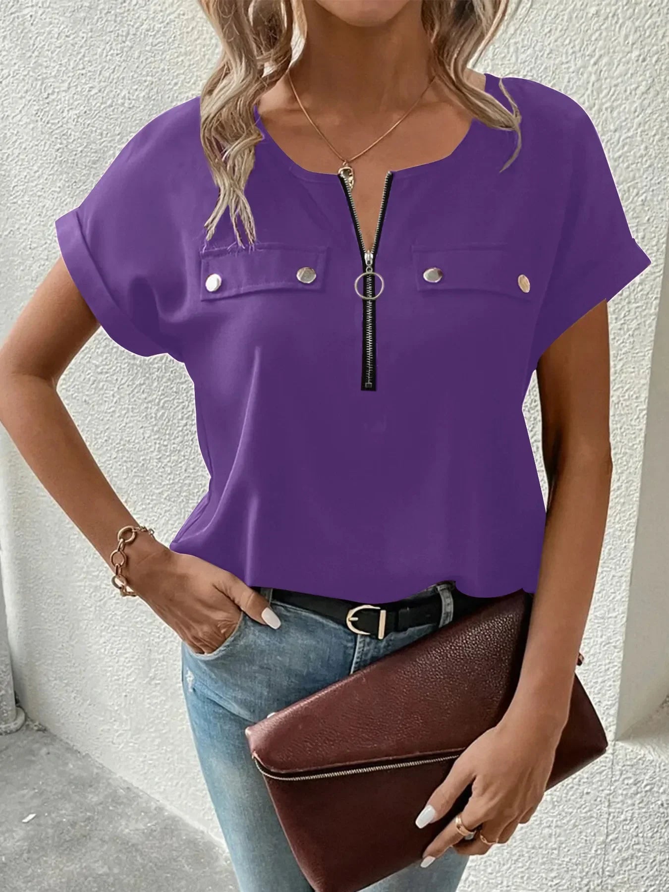 Casual Zipper Front Short Sleeve Blouse