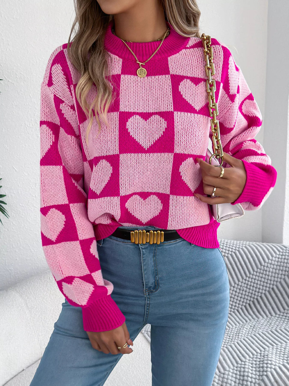 Heart Checkerboard Pattern Round Neck Sweater