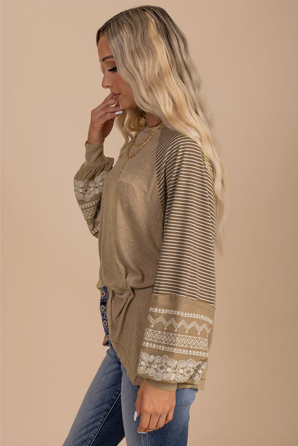 Tillandsia Purple Contrast Print Striped Raglan Long Sleeve Loose Top