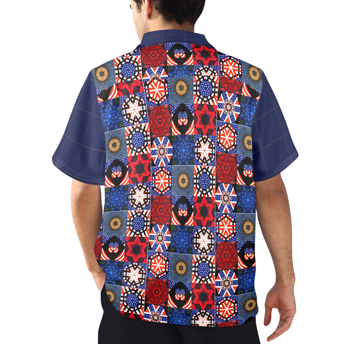 USA Pattern with Blue Sleeves Men's Printed Hawaiian Shirt (Made in USA)