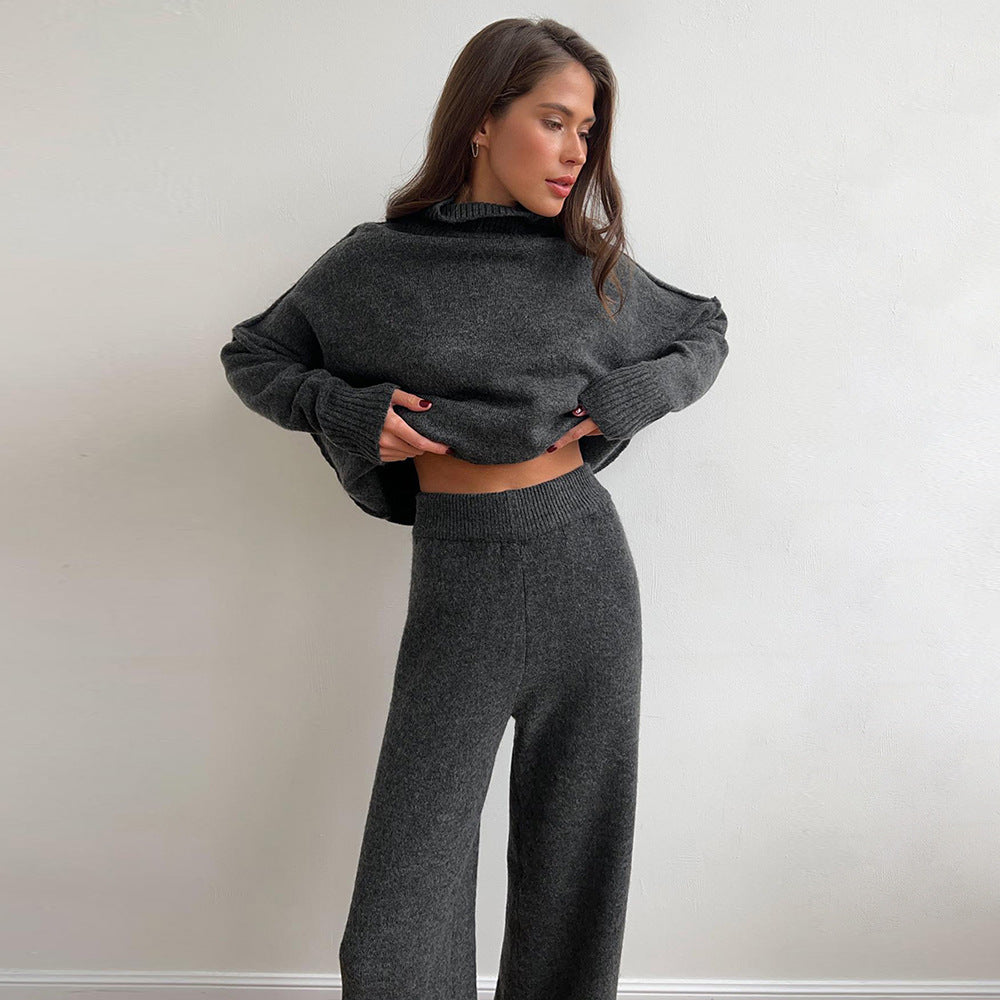 Women's Oversized High-Neck Sweater & Wide-Leg Knit Pants Set