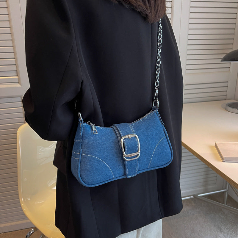 Women's Denim Crossbody Bag with Chain Detail