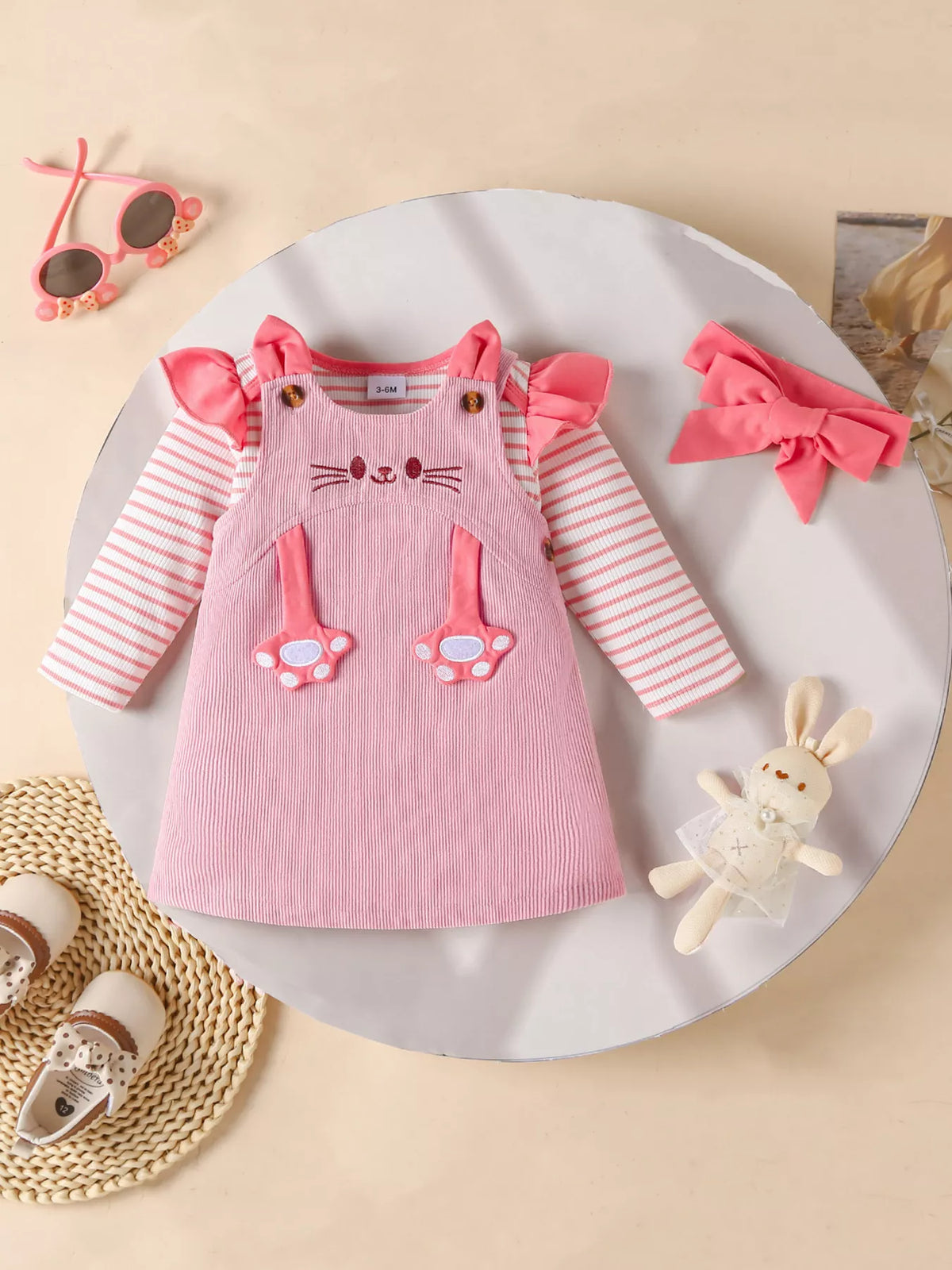 Children's Ruffled Trim Bodysuit and Dress Set with Headband