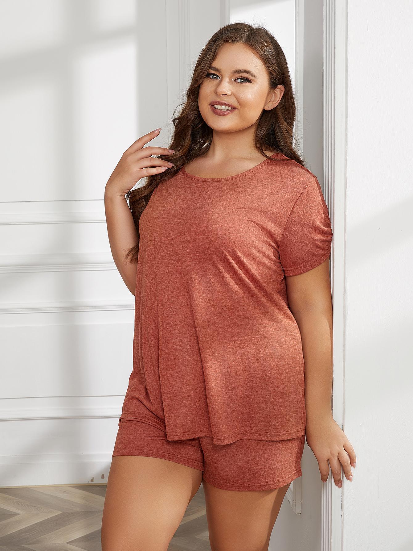 Conjunto de Loungewear de Dos Piezas de Talla Grande con Cuello Redondo y Manga Corta