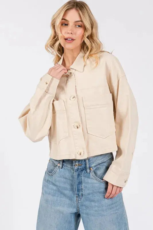 Chaqueta Vaquera - Corta Abotonada con Bolsillos - Crema de Mujer