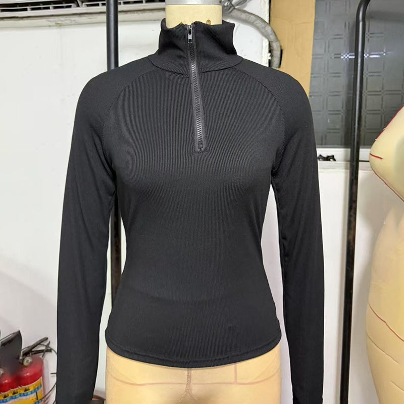 Suéter de punto de cuello alto con media cremallera y diseño acanalado sólido