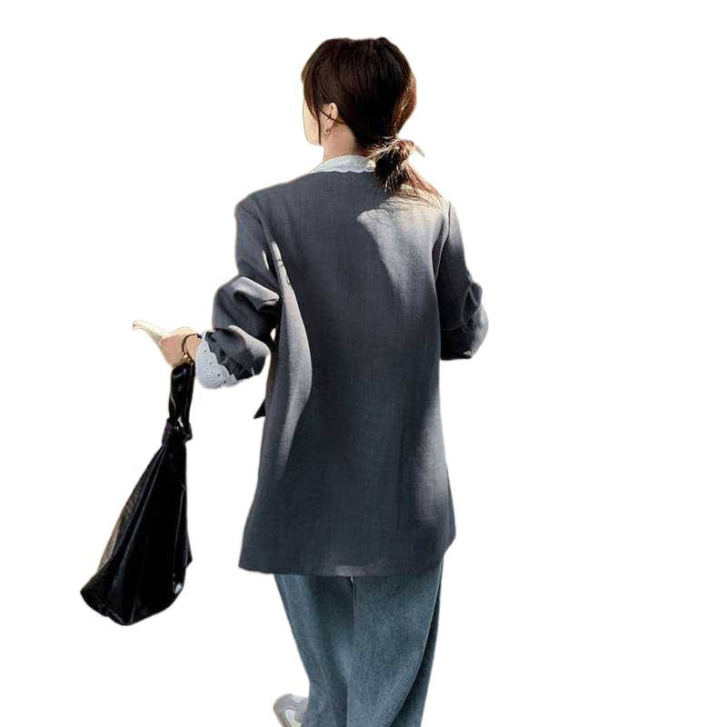 Lace-Panel Gray Casual Blazer