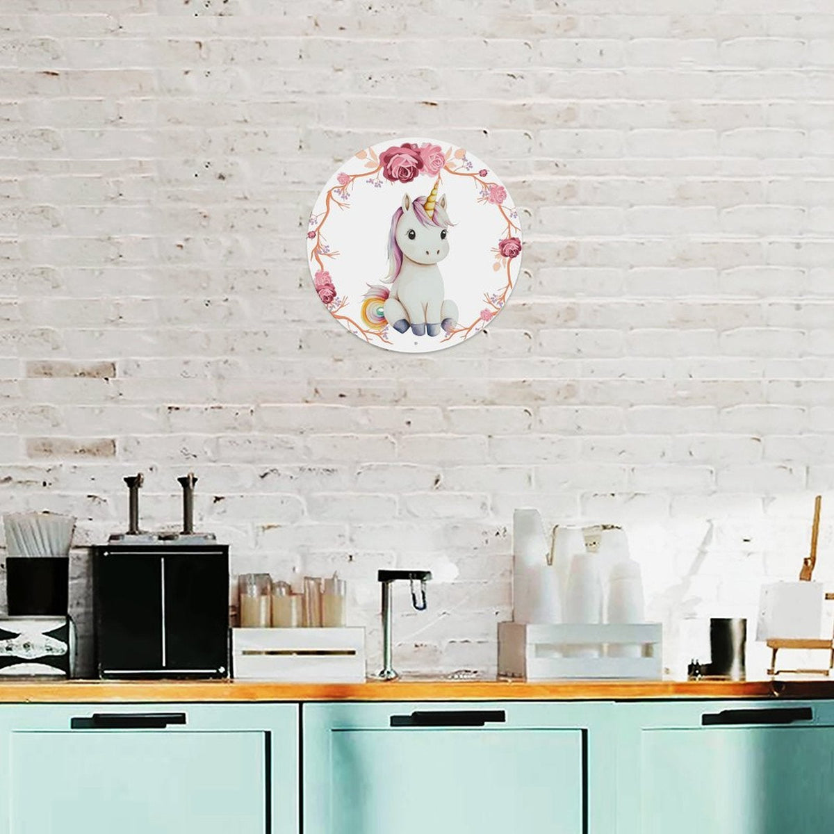 Baby Unicorn with Pink Roses Round Aluminum Plaque Painting