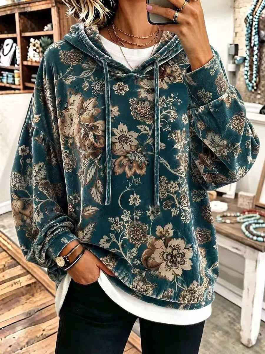 Women's Velvet Hooded Floral Sweatshirt Loose-fitting Long-sleeve Top