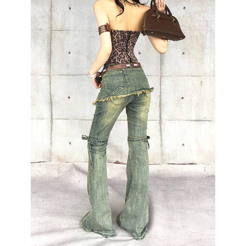 Womens Distressed Lace-up Vintage-style American Denim Jeans