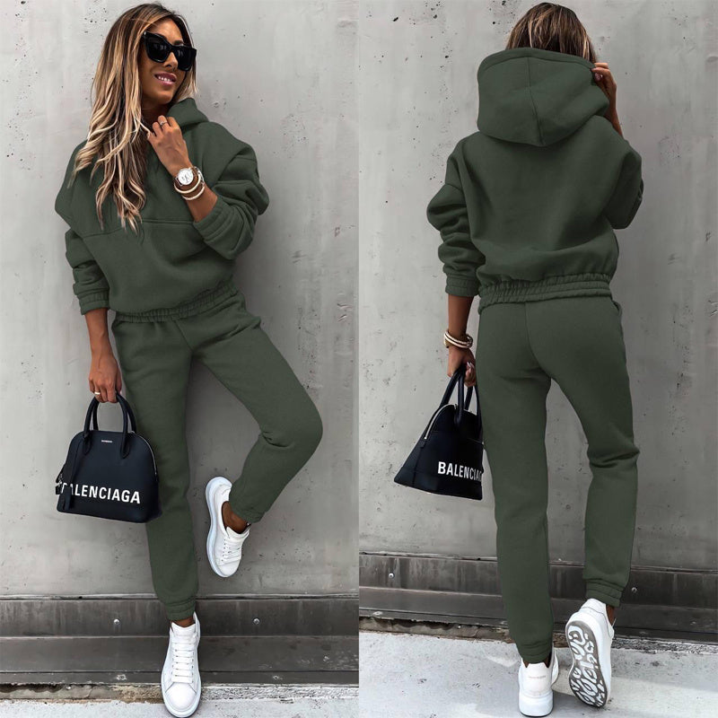 Conjunto de sudadera con capucha y pantalón de dos piezas de color liso para mujer