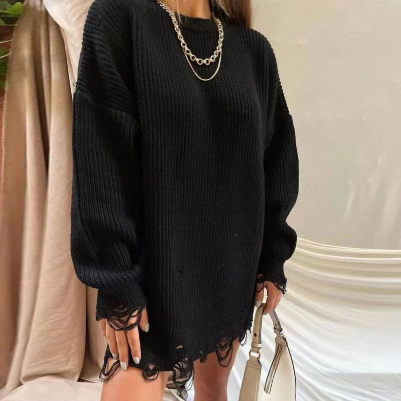 Women's Crew Neck Distressed Knit Sweater, 2026 Fall Winter Solid Color Loose Long Sleeve Pullover, Ripped Fringe Hem Jumper