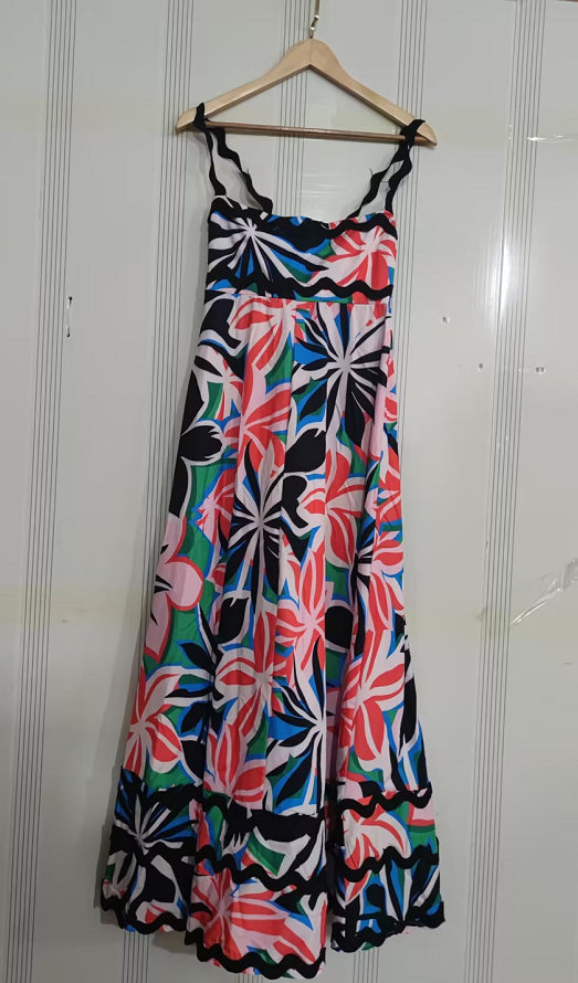 Flowers Print Wavy Pattern Suspender Long Dress For Women Fashion A-Line Beach Dresses Womens Clothing See size chart under “more details”