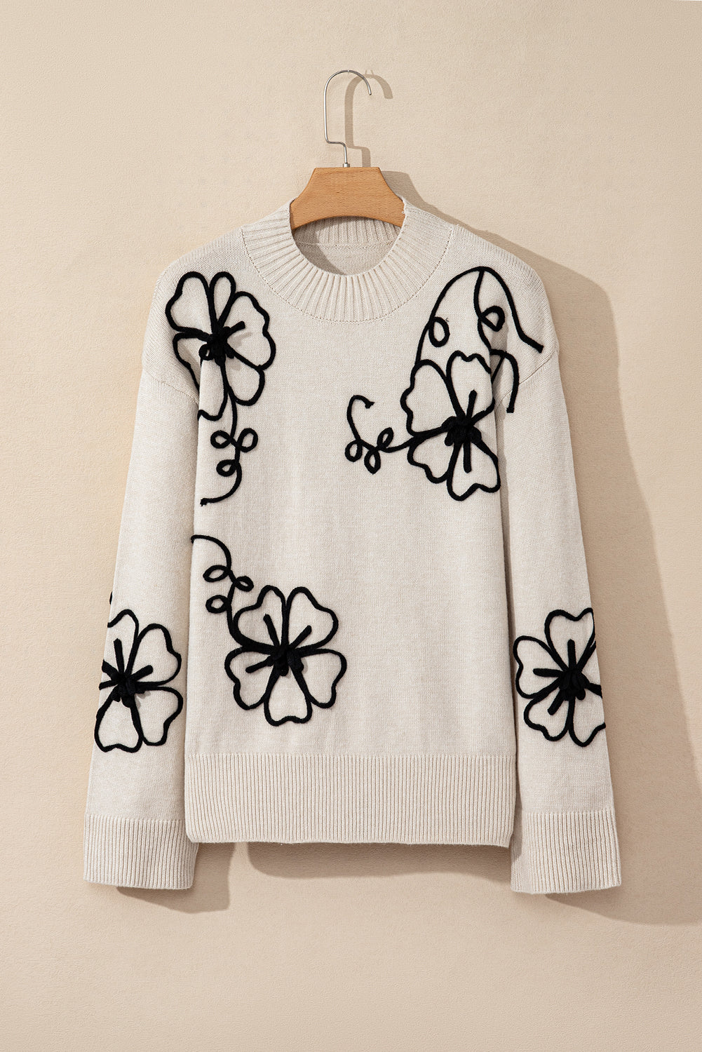 Suéter con cuello falso y bordado de flores beige